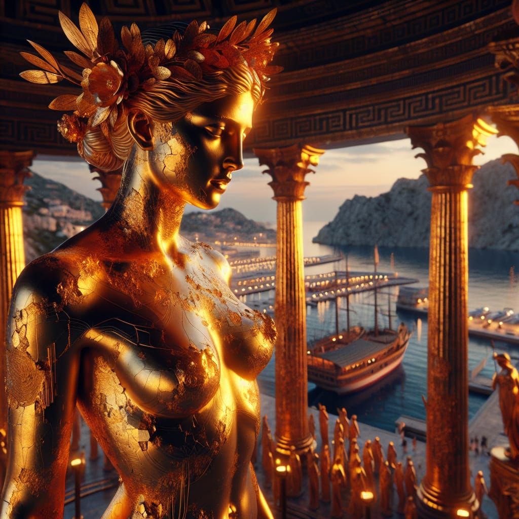Majestic Greek Goddess Statue in Gold-Lit Temple