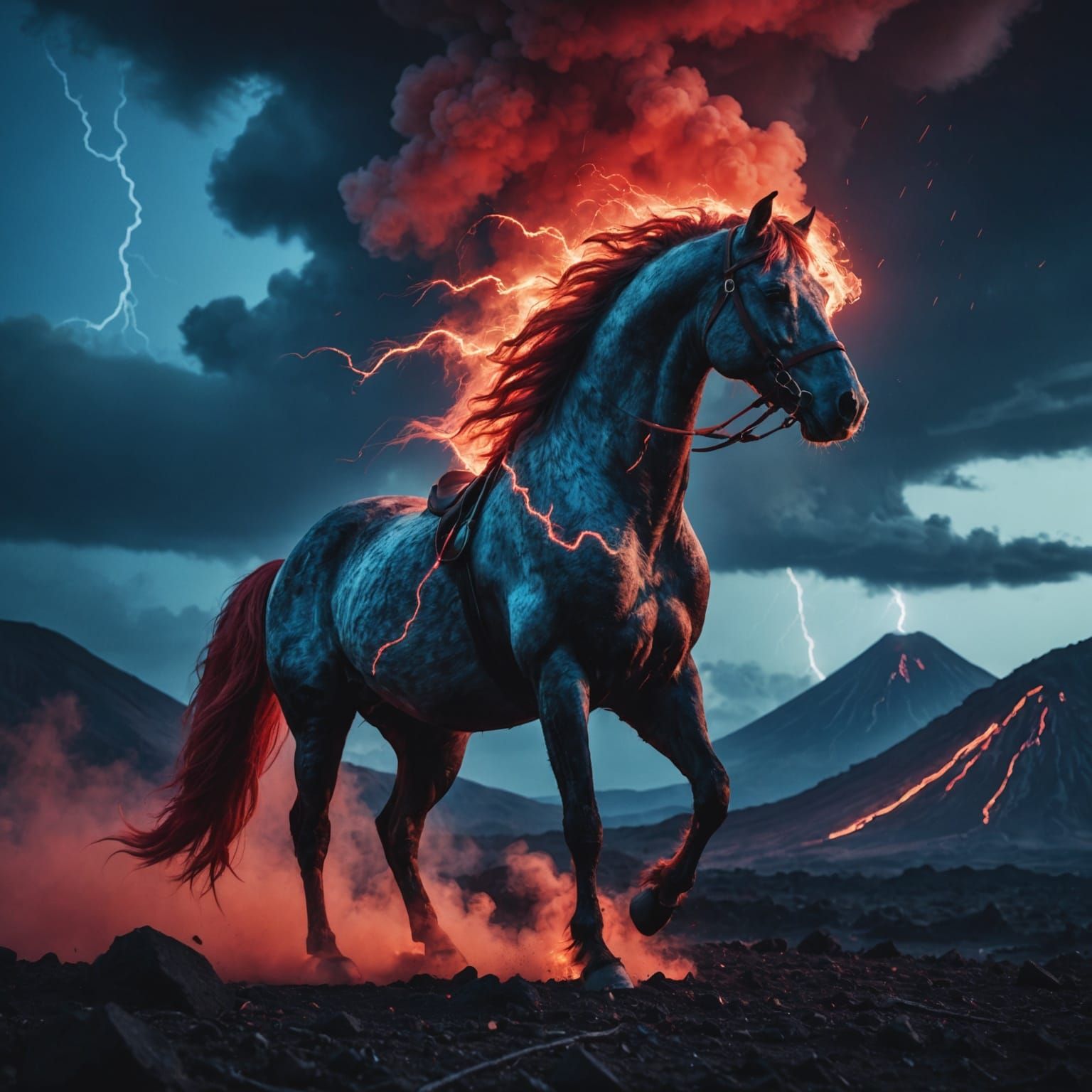 Epic Volcano Horse with Lightning Background
