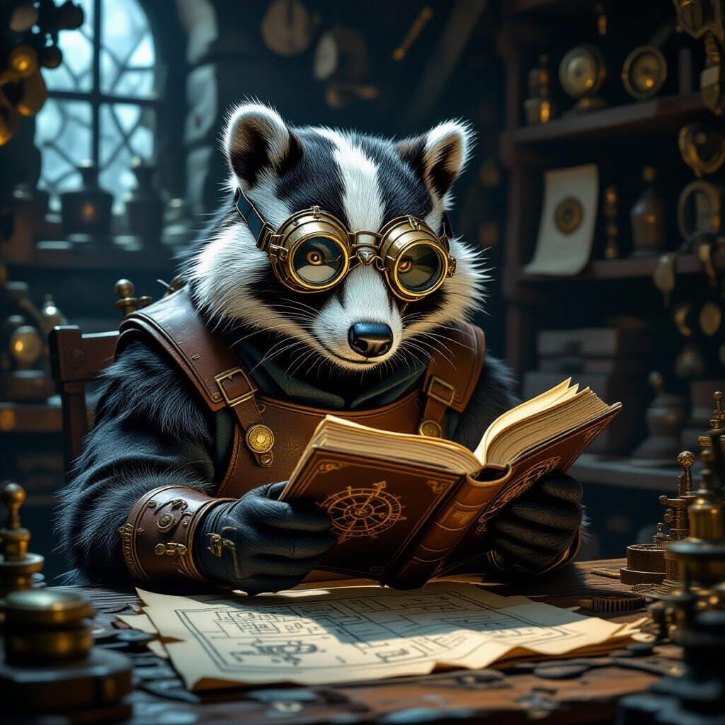 Steampunk Badger Studies Arcane Tome in Workshop
