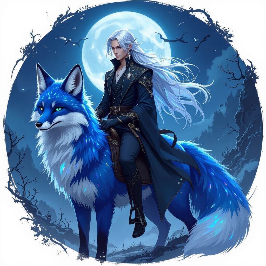 Iridescent Blue Fox Rider in Moonlit Scene