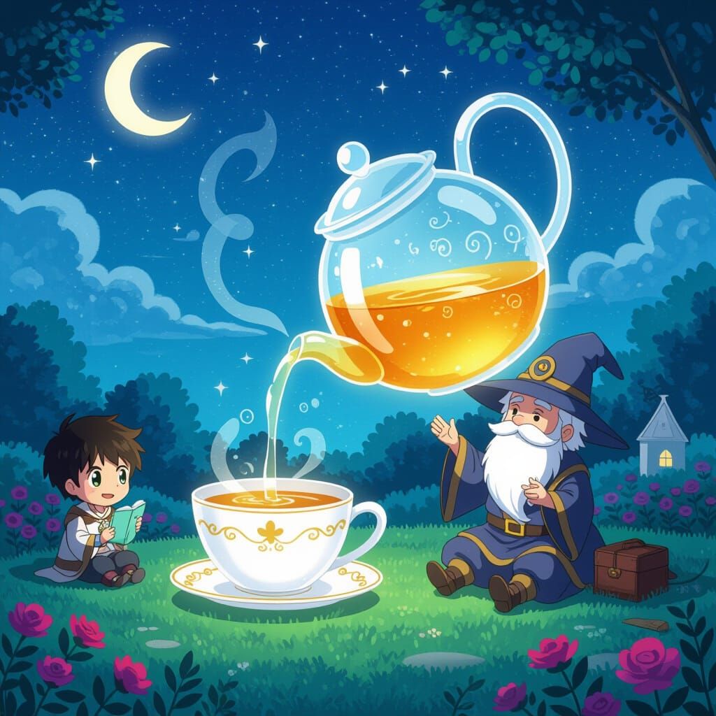 Wizard Receives Tea from Floating Teapot in Anime Style