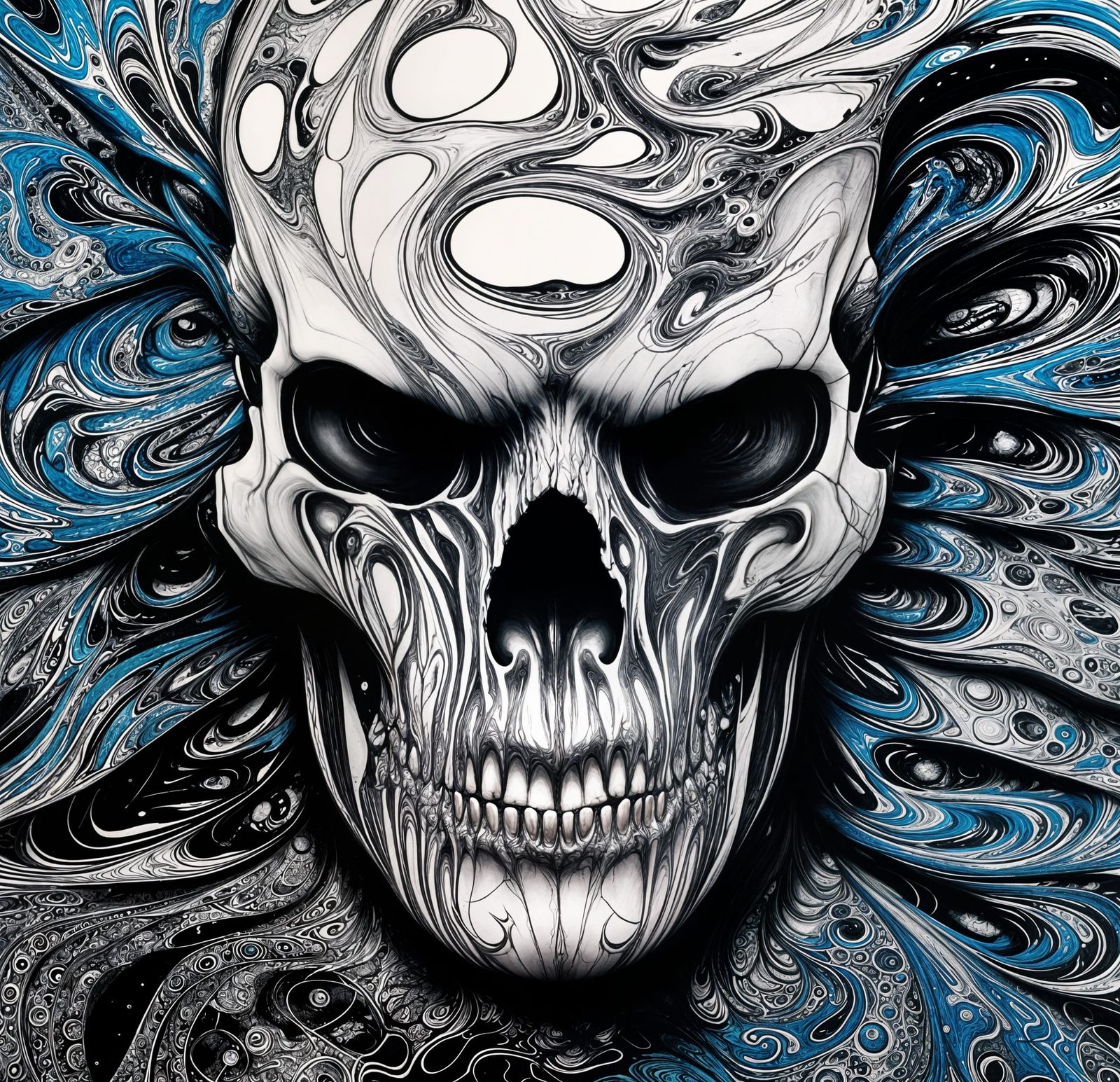 Monochrome Cyberpunk Skull with Marbling and Oil Effects