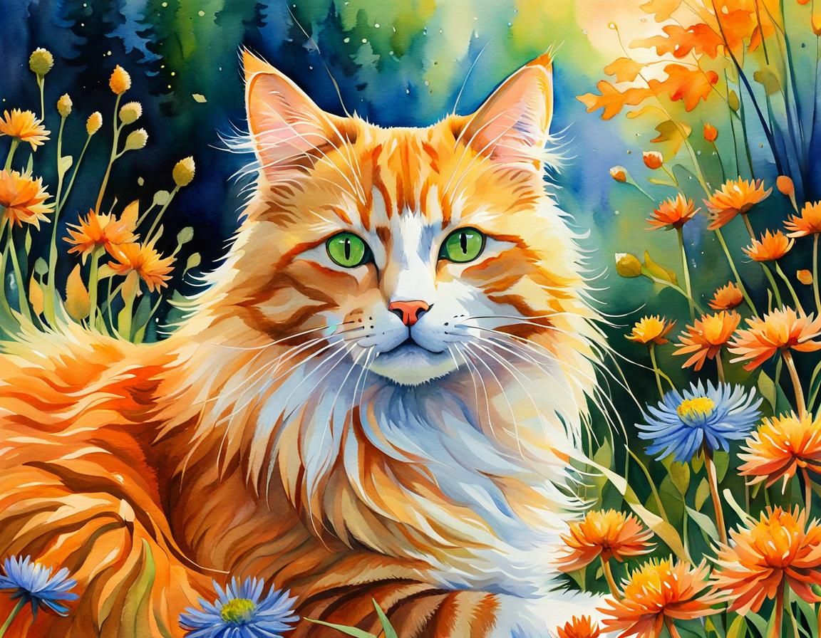 Ginger Cat in Aster Field: Watercolor Painting