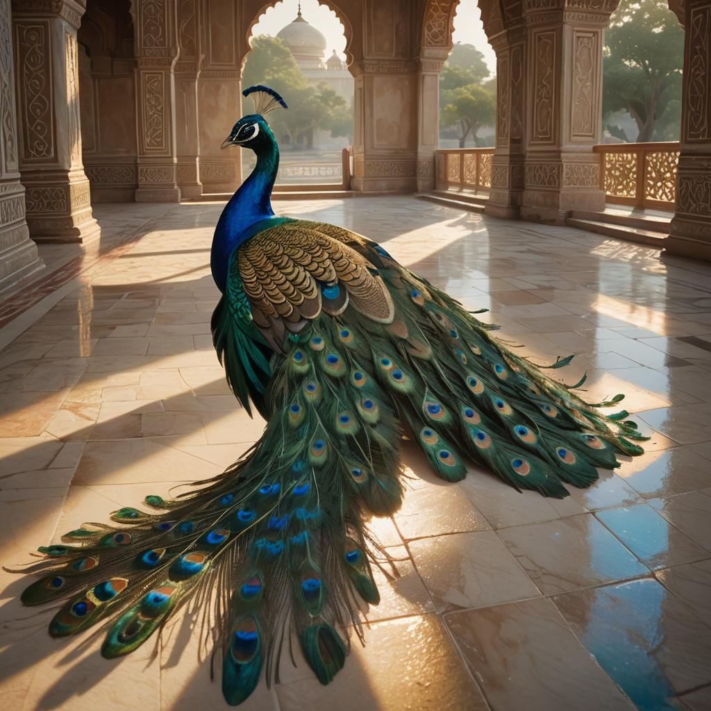 Peacock's Opulent Display at the Taj Mahal