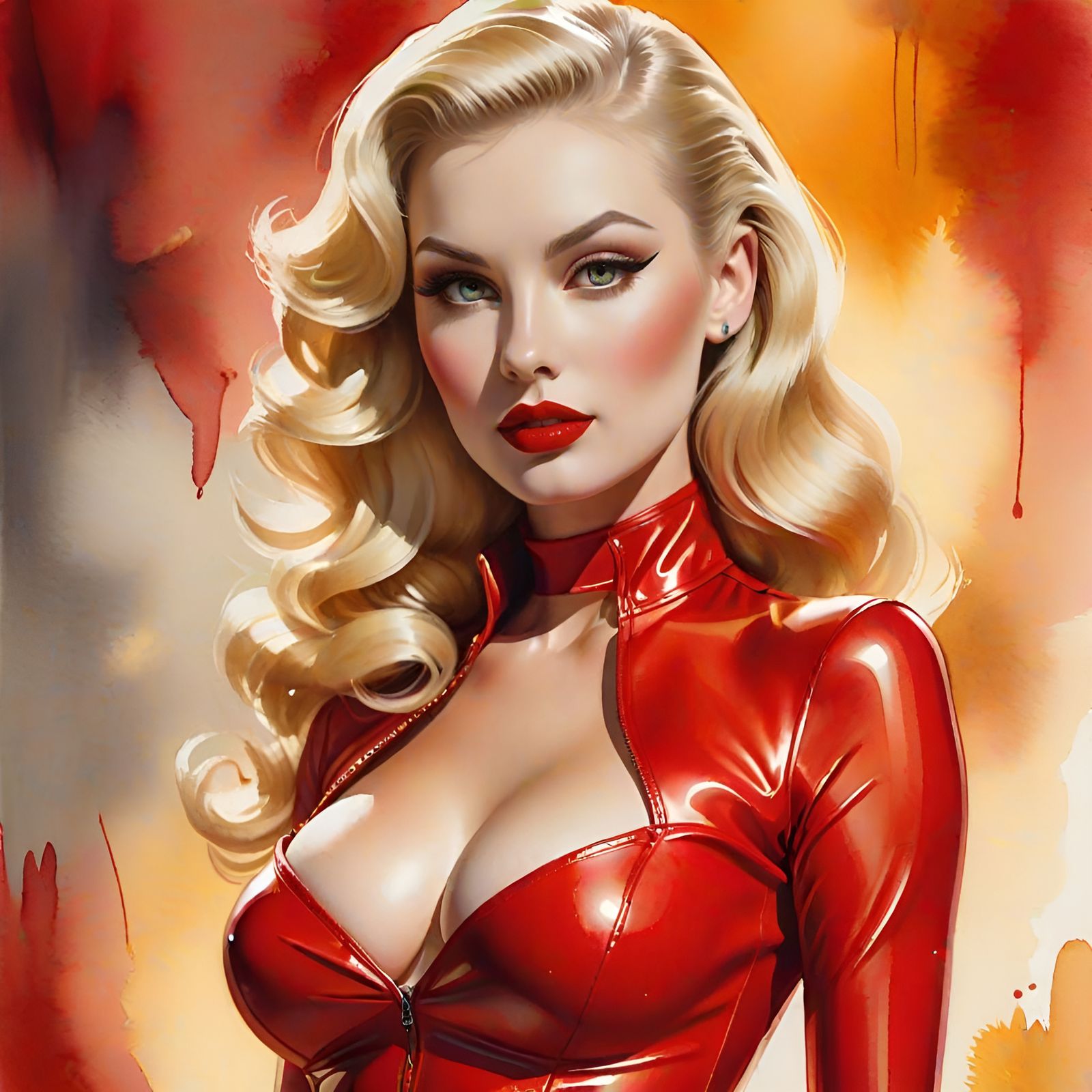 Watercolor Pin-Up Goddess in Red Latex