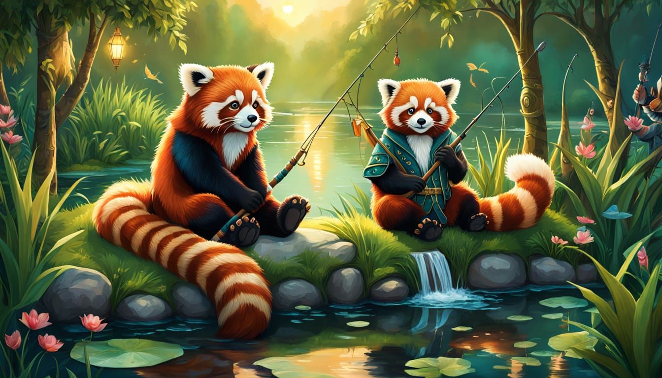 Two Red Pandas Fishing by Pond in Whimsical Fantasy Art Styl...
