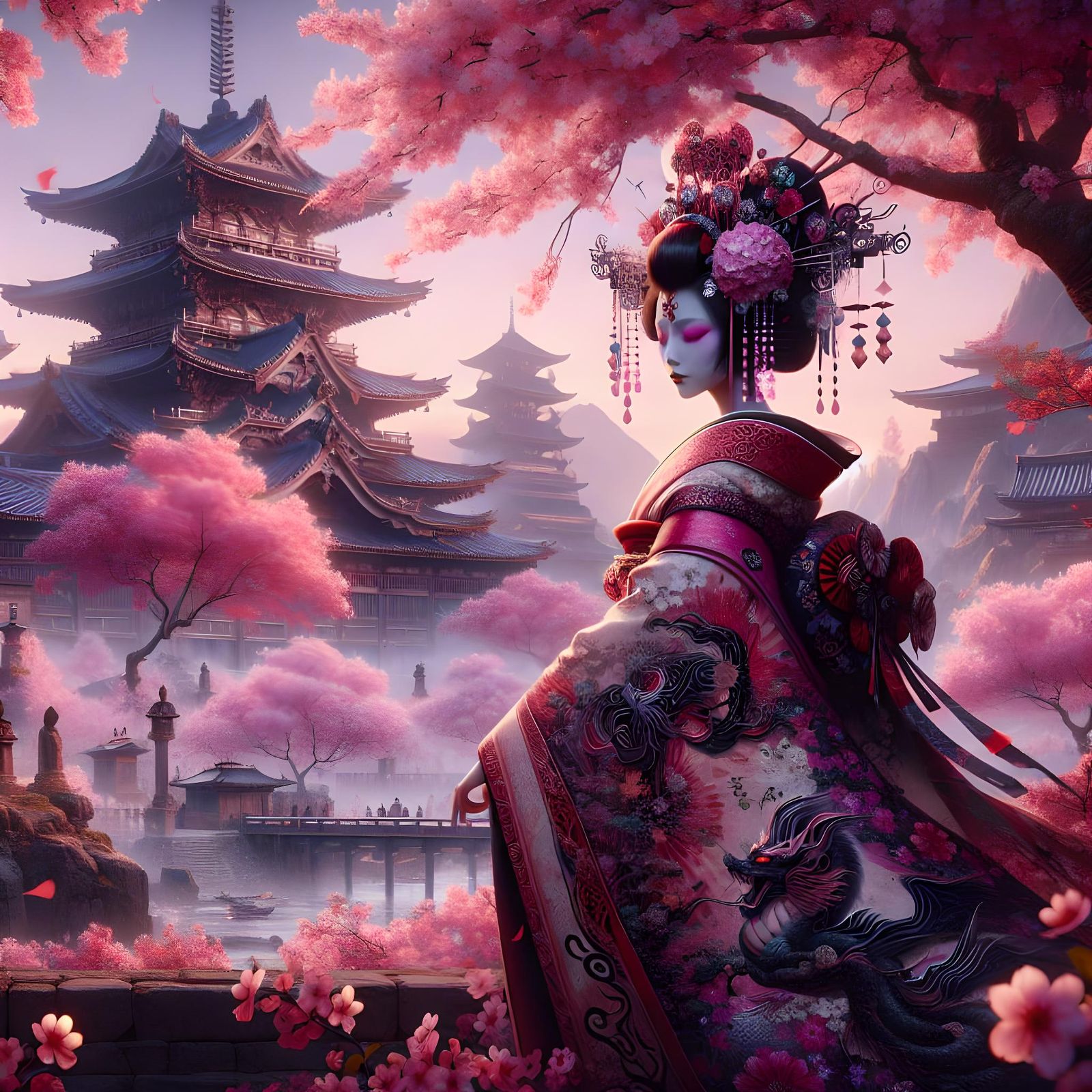 Geisha in Dragon Kimono Under Cherry Blossoms