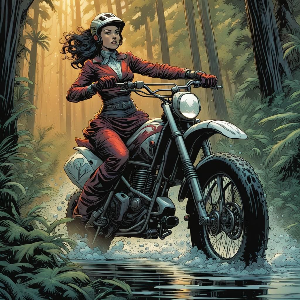 Victorian Woman on Motocross Bike, Comic Book Art