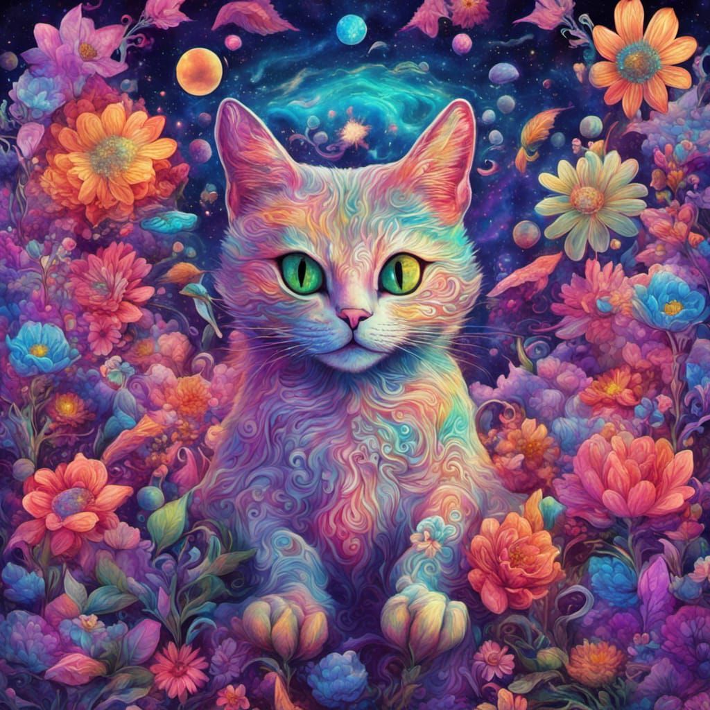 Psychedelic Cat Covered in Flowers: Visionary Art