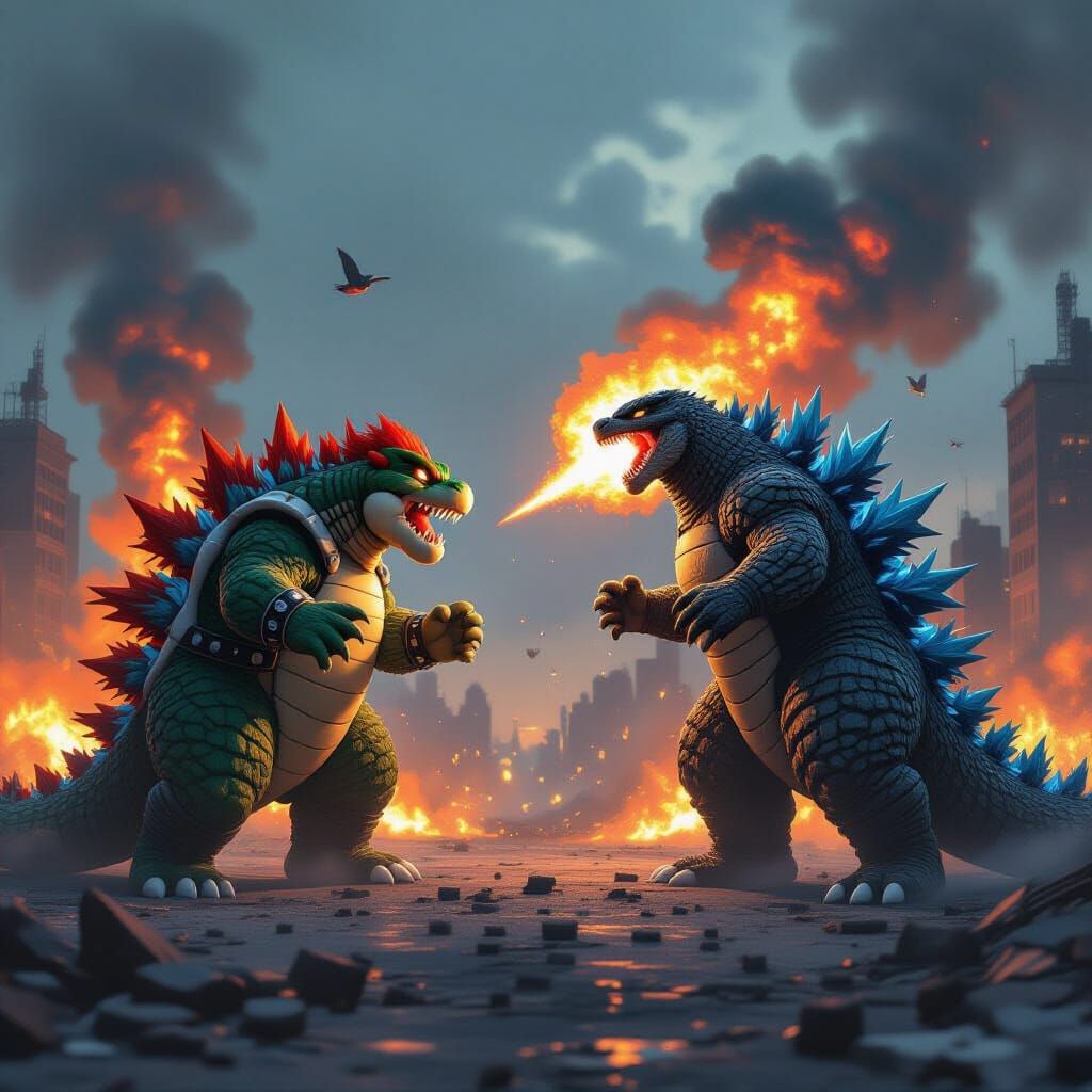 Bowser and Godzilla Chase in Dystopian Cityscape