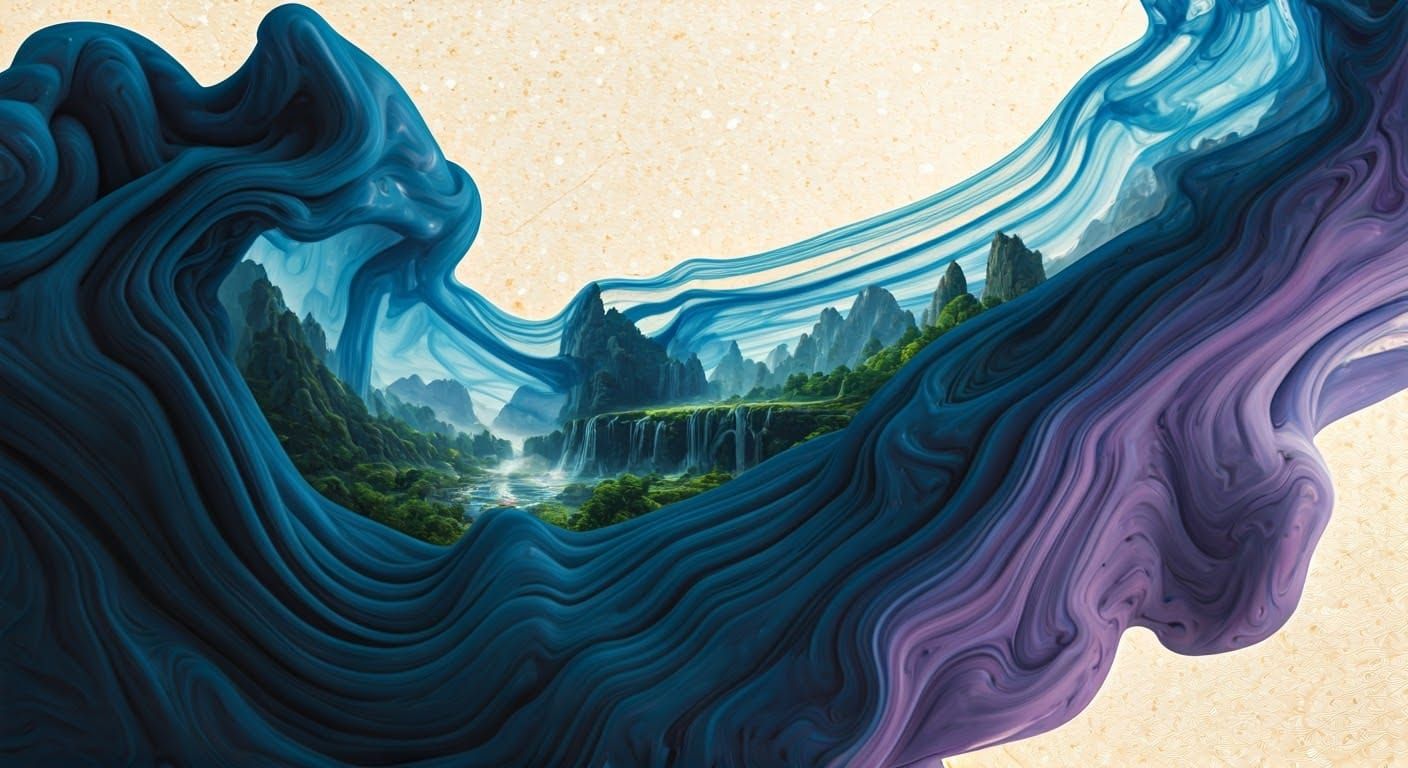 Magical Ink Splatter Merging with Fantasy Landscape