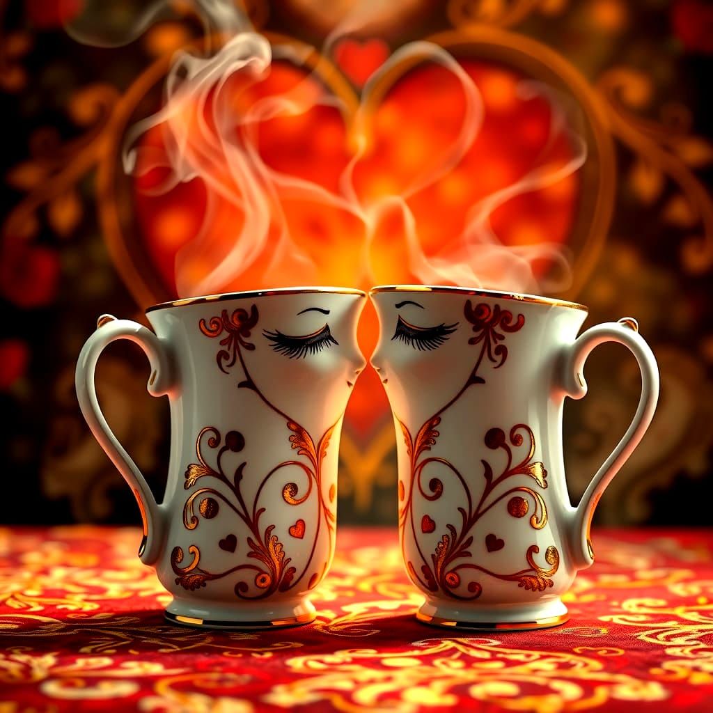 DEUX TASSES A CAFE EN PORCELAINE DECORE QUI SE REGARDENT AVEC les yeux remplis d'AMOUR ENTOURE D'UN COEUR DE FUMEE ET DE...