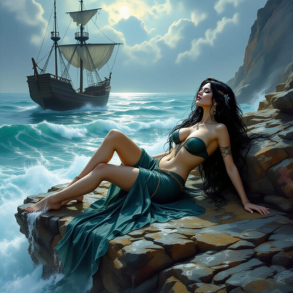 Dark Fantasy Siren Luring Sailors to Their Doom