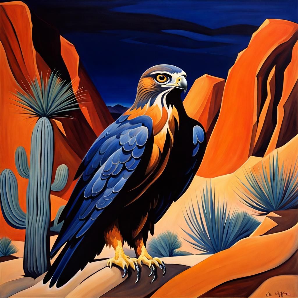 Hawk in Desert Canyon at Night, O'Keeffe Style