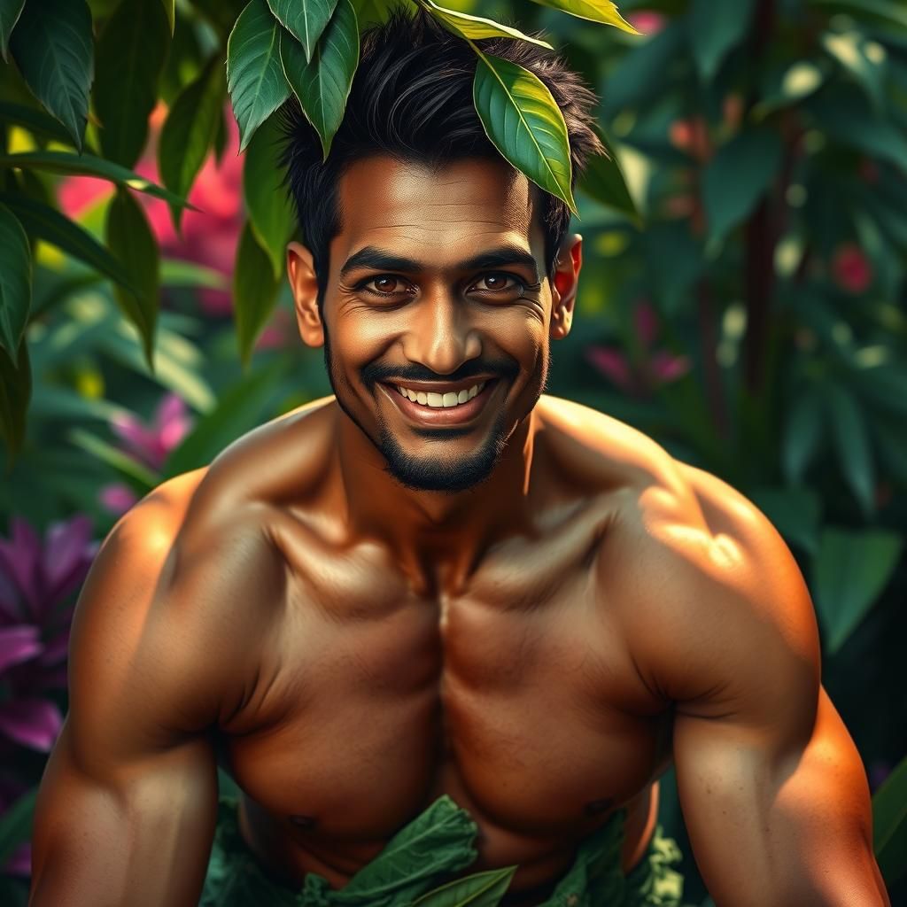 Indian Man Portrait in Lush Garden, Hyperrealistic Art