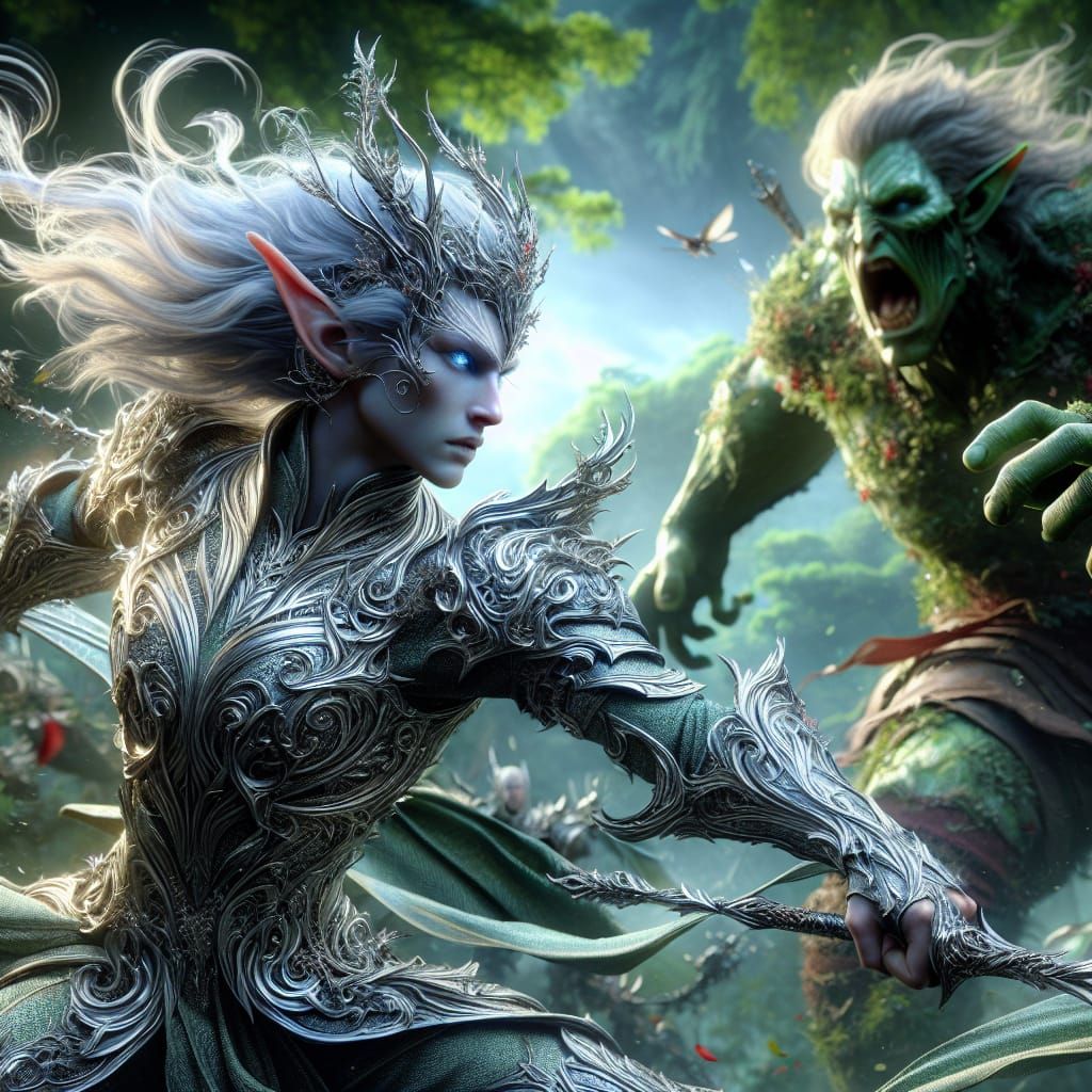 Elf Warrior Battles Troll in Fantasy Forest