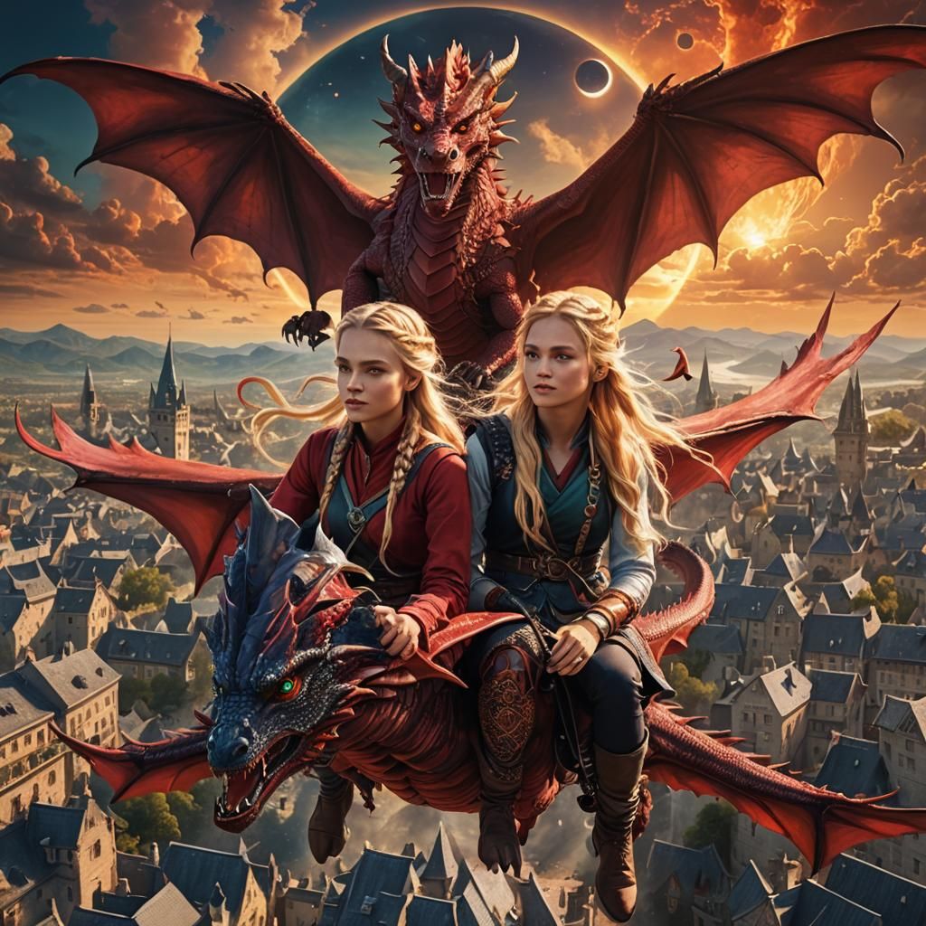 Twins on Dragons Above Fantasy Town in Digital Art