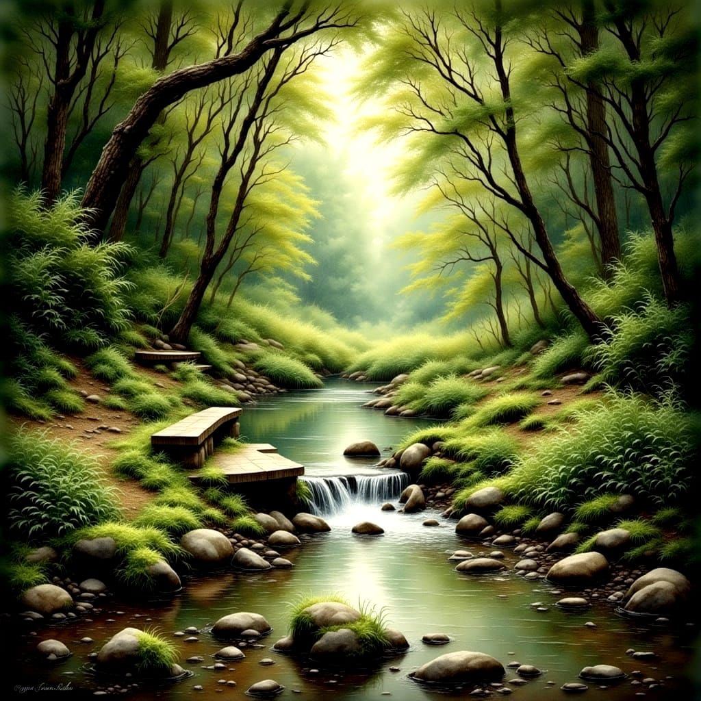 Sunlit Forest Stream with Mossy Bench in Watercolor