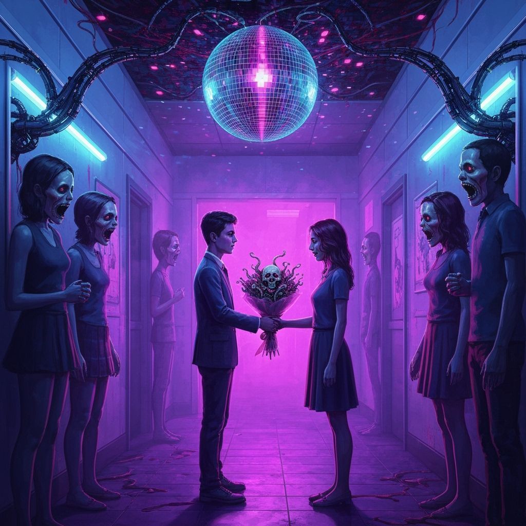 Neon Techno-Horror Promposal in Glitched Gothic Corridor