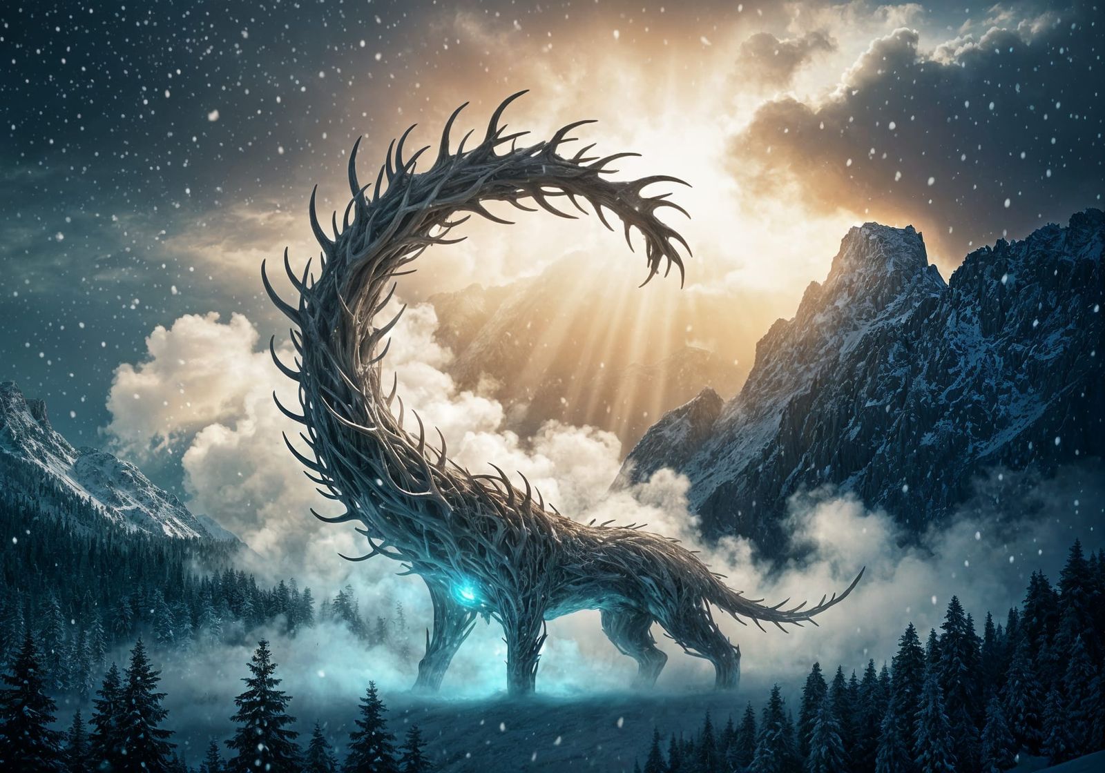 Giant Antler Creature Roars Over Snowy Mountain