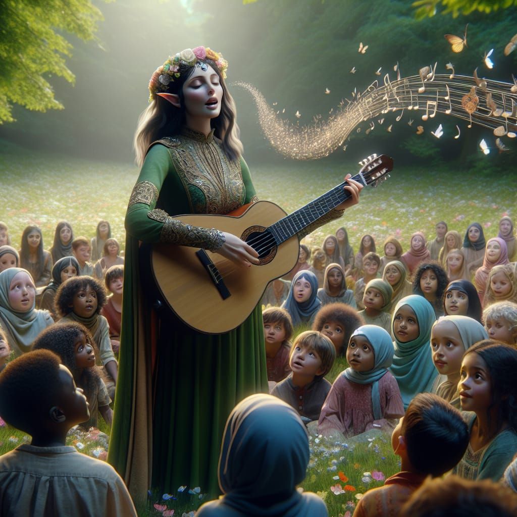 Hyper-realistic elven Bard singing to a gathering of childre...