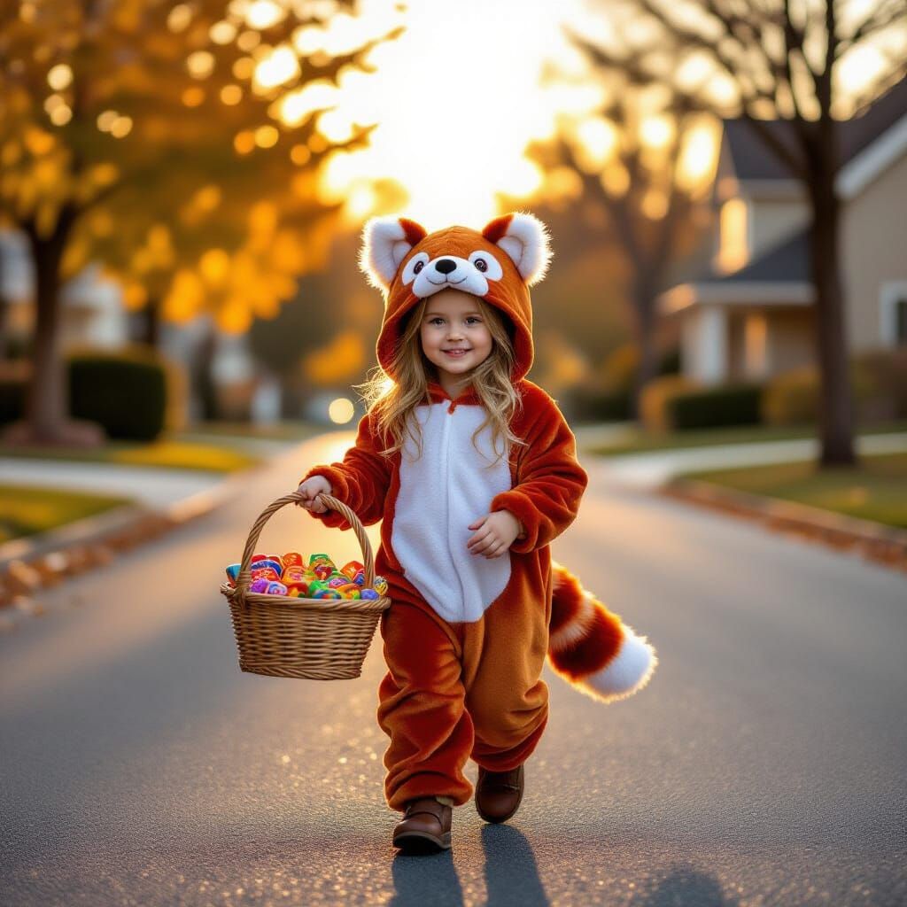 Girl in Red Panda Costume with Candy Basket at Golden Hour