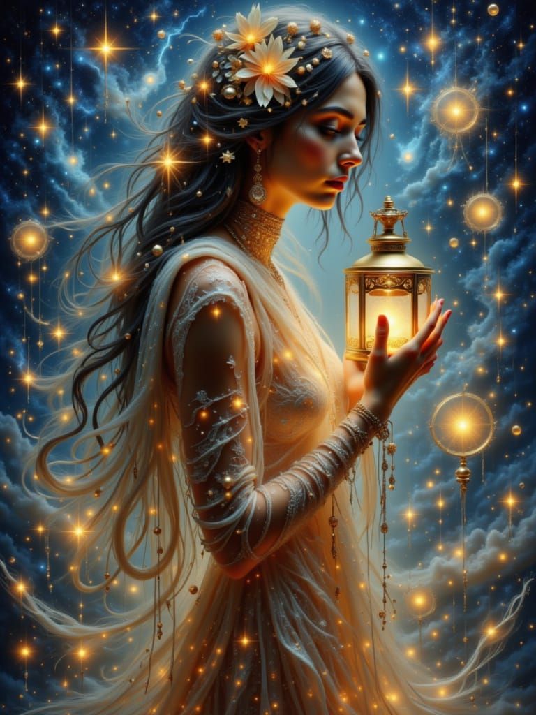 Cosmic Woman with Lantern in Art Nouveau Style