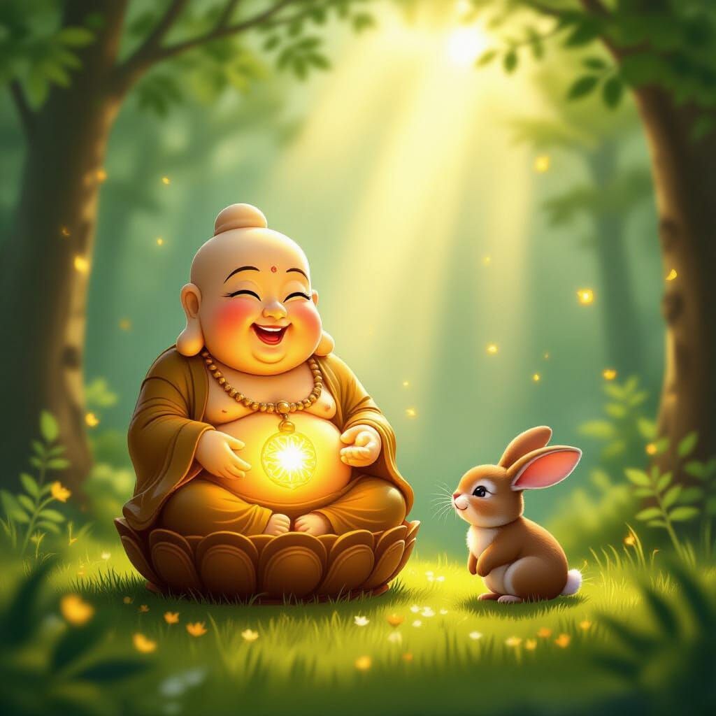 Laughing Buddha Pendant Glows in Serene Forest Animation