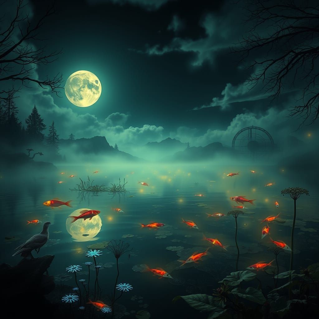 Mystical, Moonlit Lake in Aetherpunk Atmosphere, with Bio-Lu...