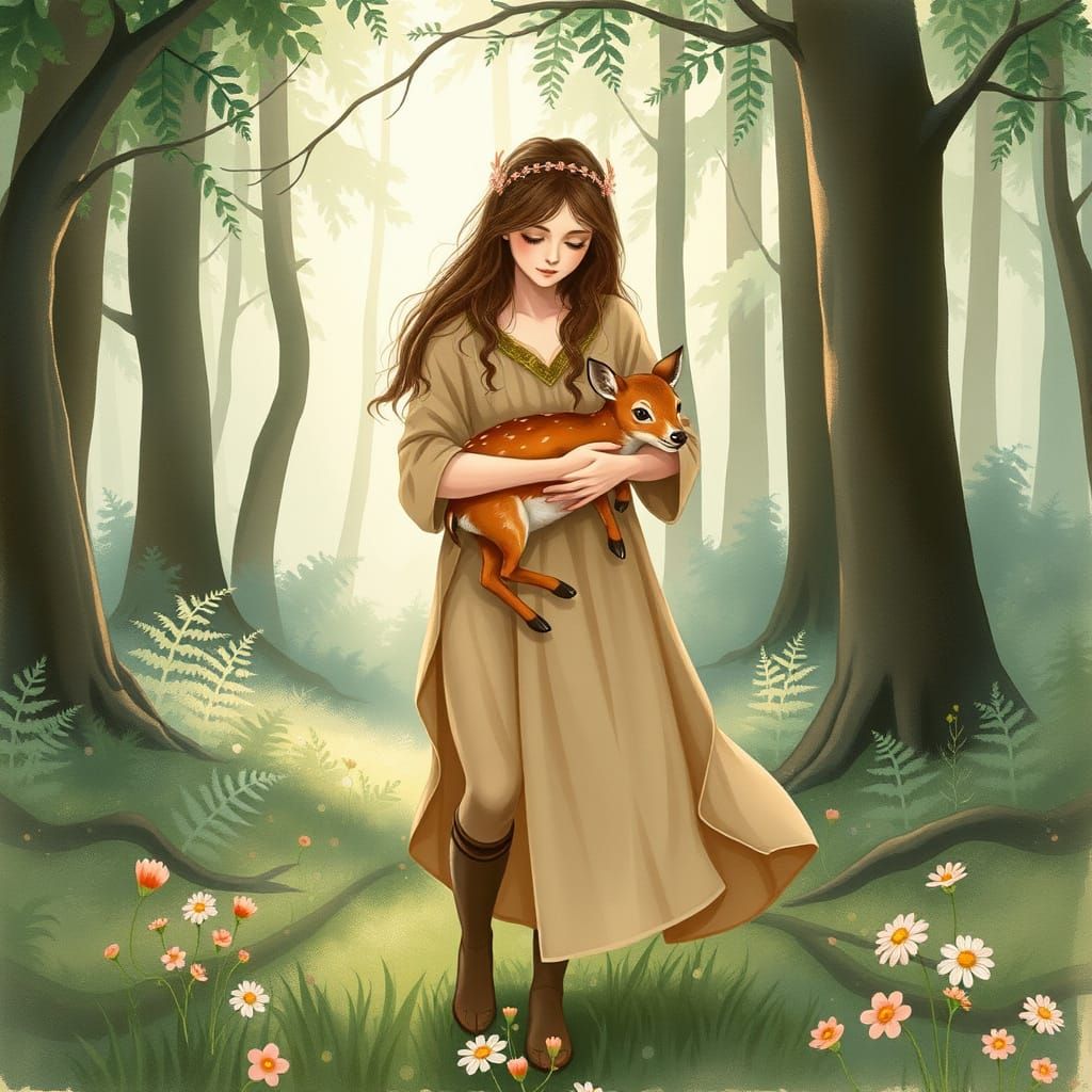 Whimsical Forest Mother with Baby Deer