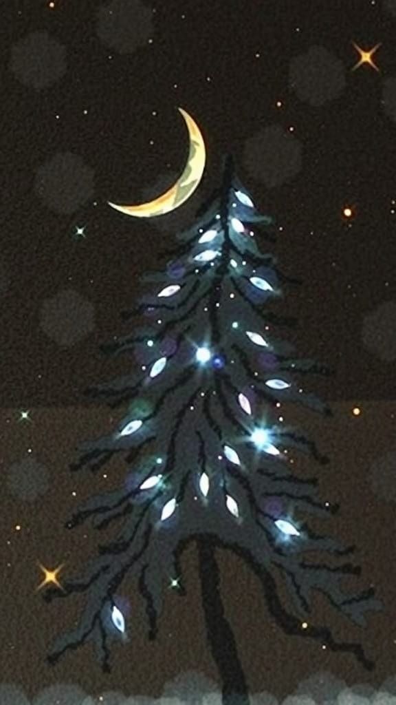 Winter Christmas Spruce Tree Under Crescent Moon in Vibrant...