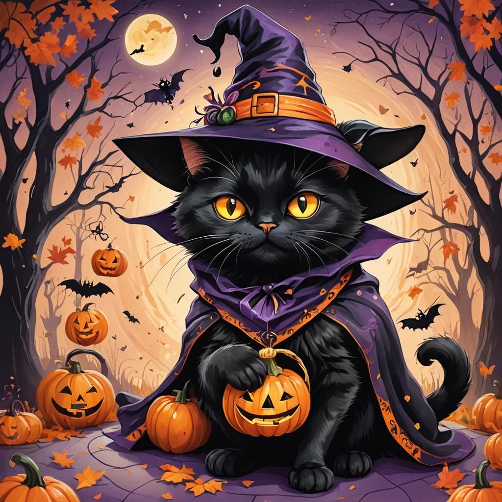 Halloween Cat as Witch with Jack-o'-Lantern Bucket