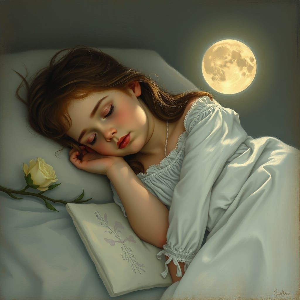 Serene Sleeping Girl in Moonlight, Tonalist Style