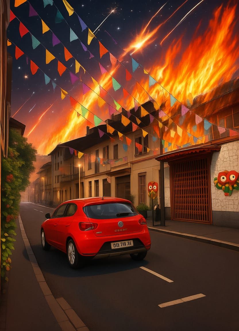 Red Car with Colorful Garlands Amidst Fire and Stars