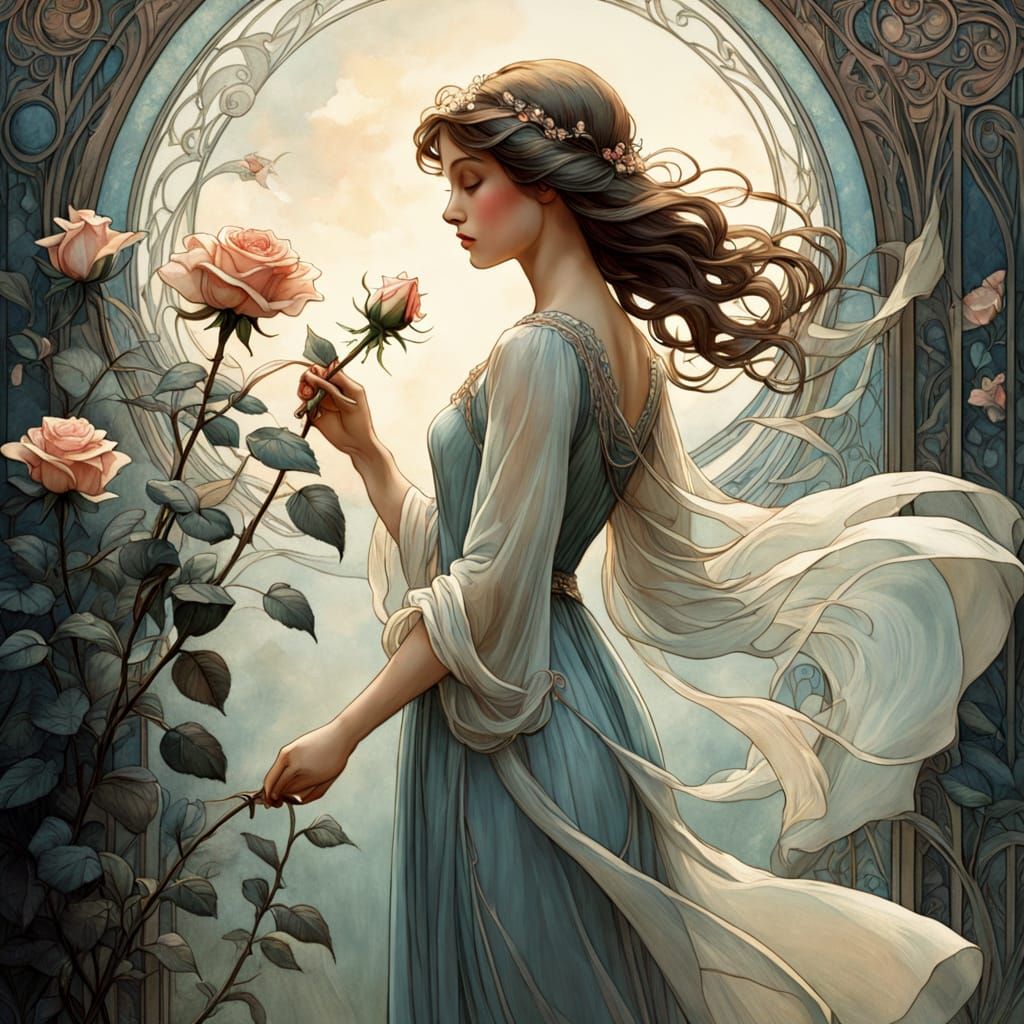 Romantic Realism Illustration: Rose Offered to Pale Woman