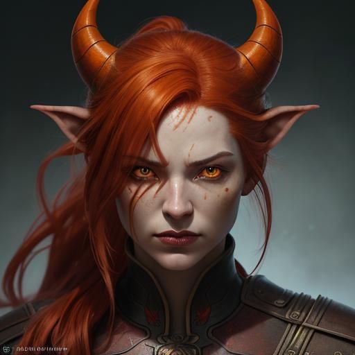 Dramatic Portrait of a Tiefling with Fiery Hair