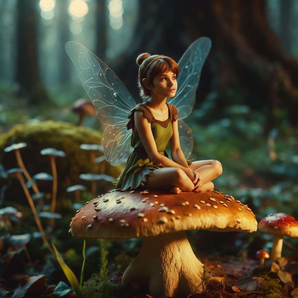 Tinkerbell on Mushroom in Cinematic Film Still