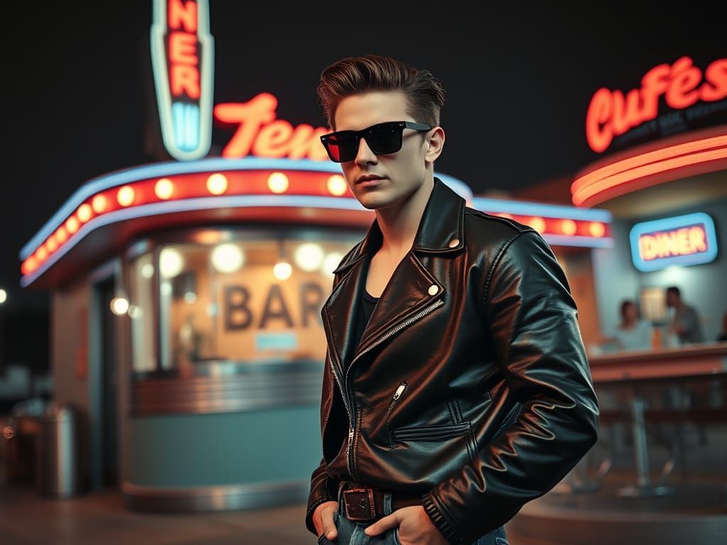 Rebellious Youth at 1950s Diner in Film Noir Style