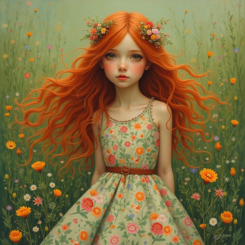 Auburn-Haired Woman in Meadow, Art Nouveau Style