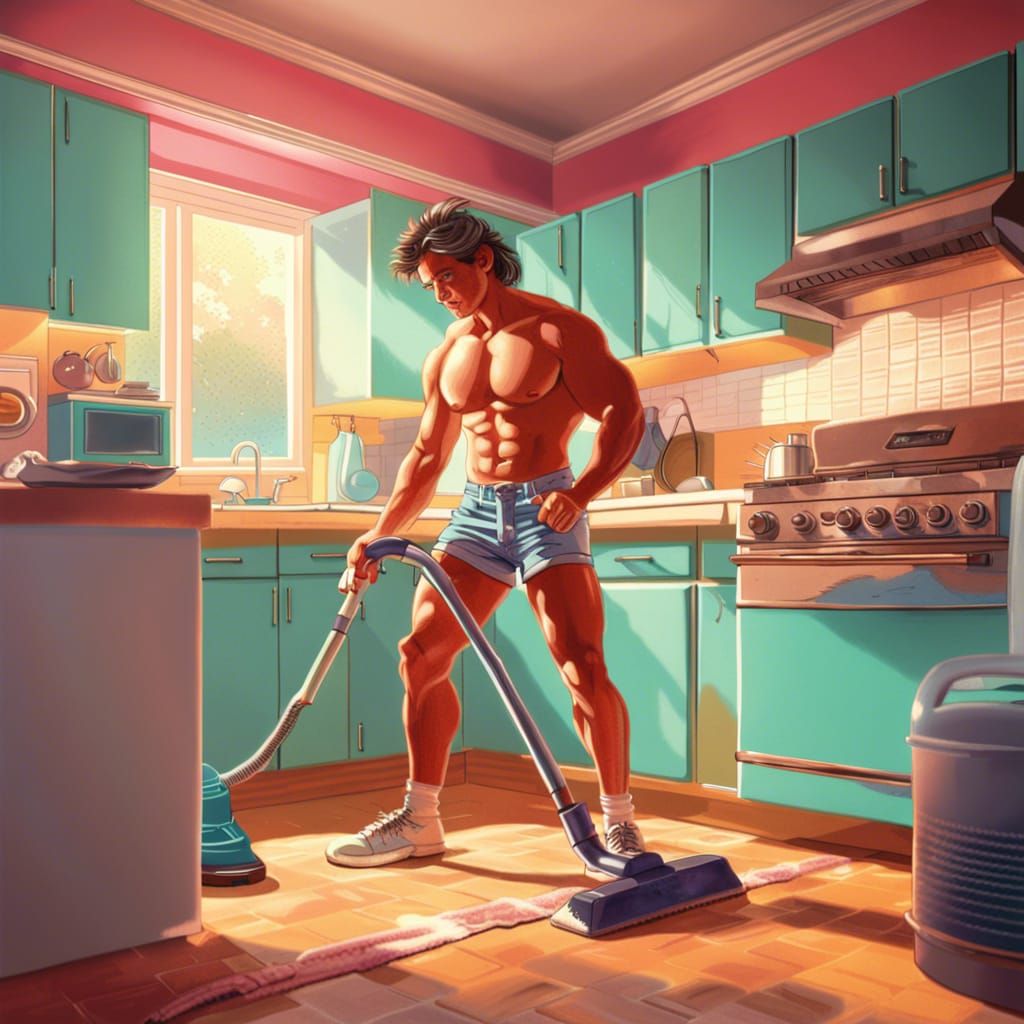 Muscular Hunk Vacuuming in Eighties Splash Art