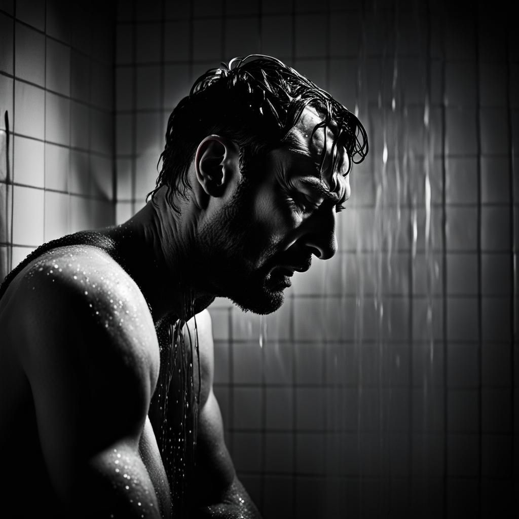 Sobbing Man in Shower: High Contrast Photo