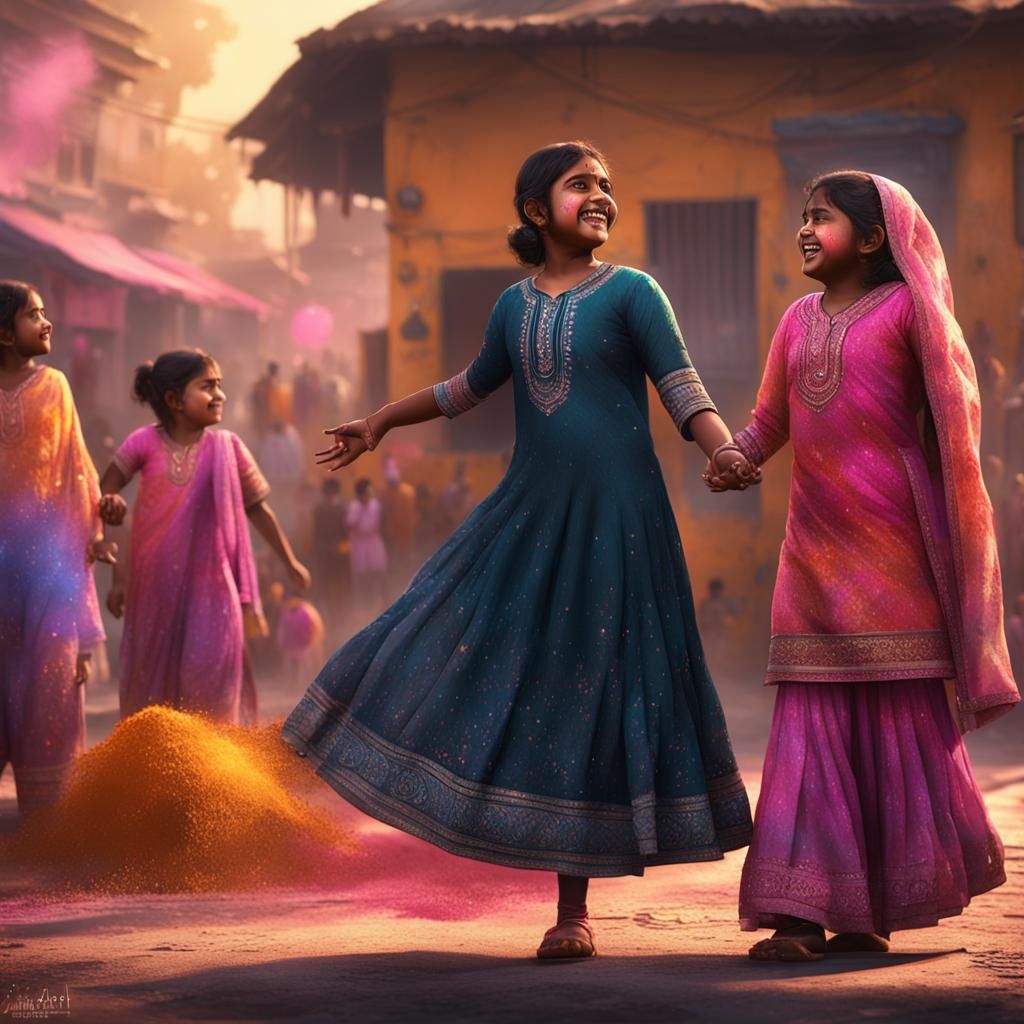 Indian Sisters Celebrate Holi in Detailed Matte Painting