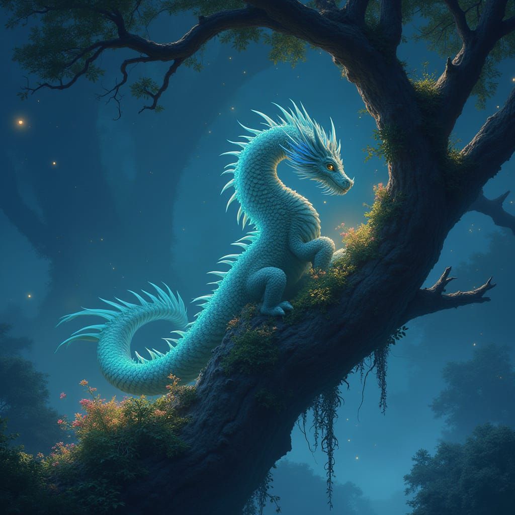 Dreamlike Dragon Shines Amidst Whimsical Landscape
