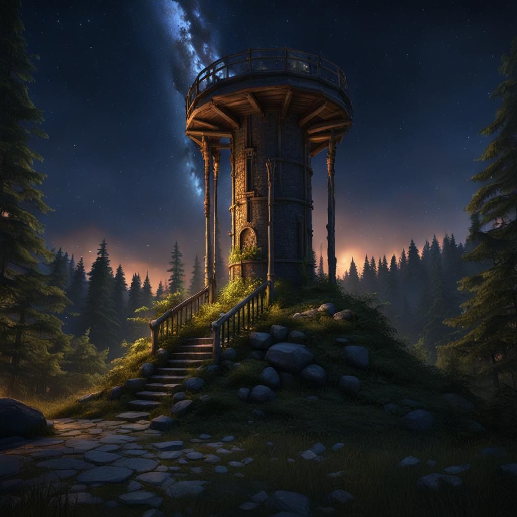 Forest Tower Shower at Night in Dark Fantasy Style