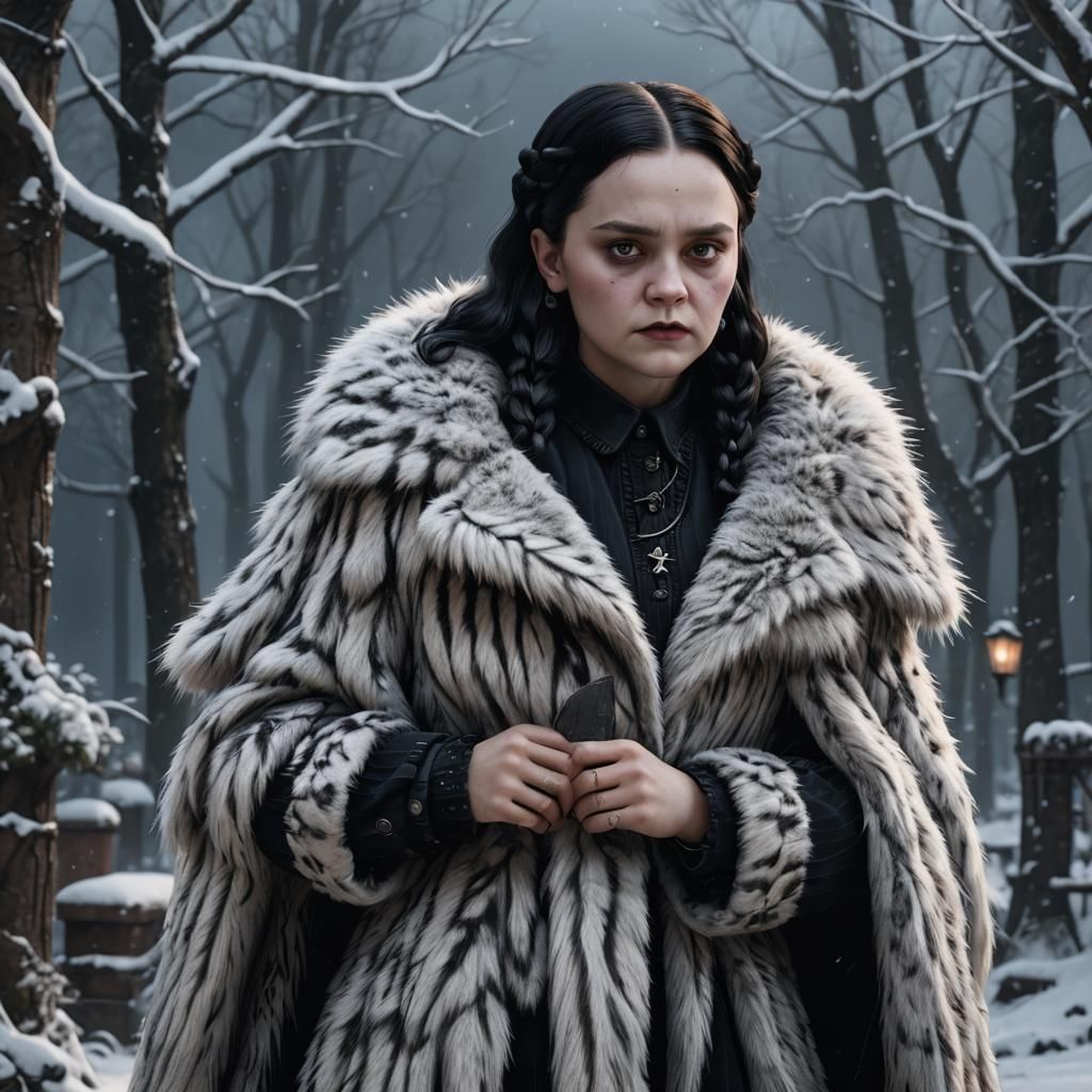 Wednesday Addams in Fur Coat, Detailed Fantasy Art