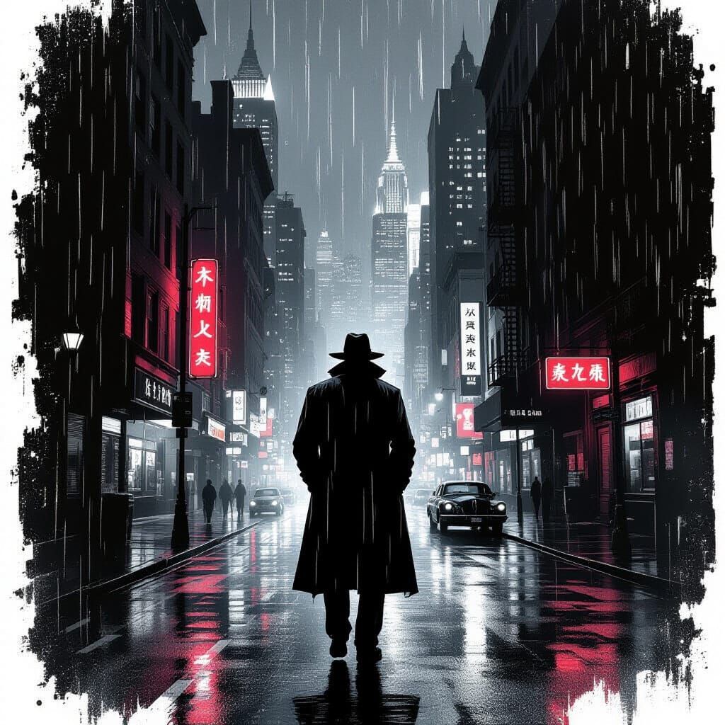 Noir Detective in Rain-Slicked City Street