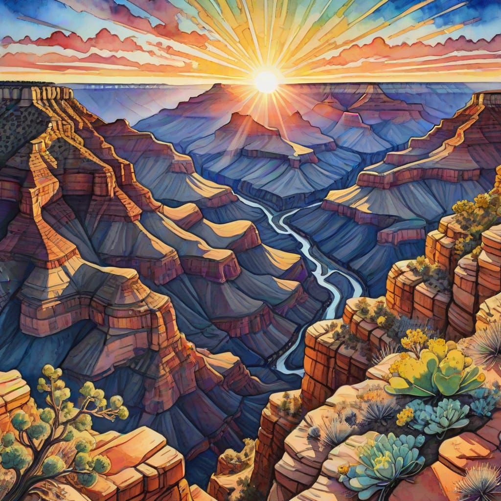 Vibrant Zentangle Sunset Over Grand Canyon Landscapes in Wat...