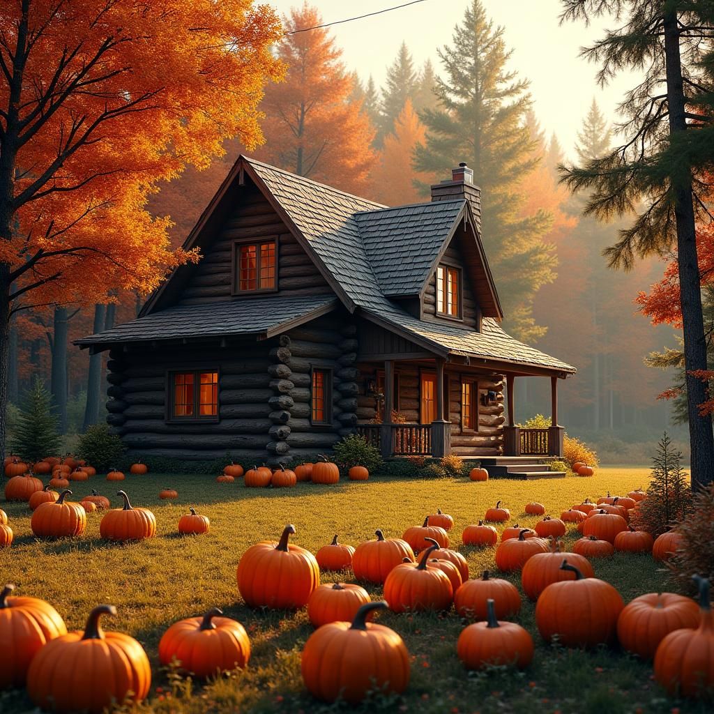 Autumn Cabin by Pumpkin Patch in Golden Light