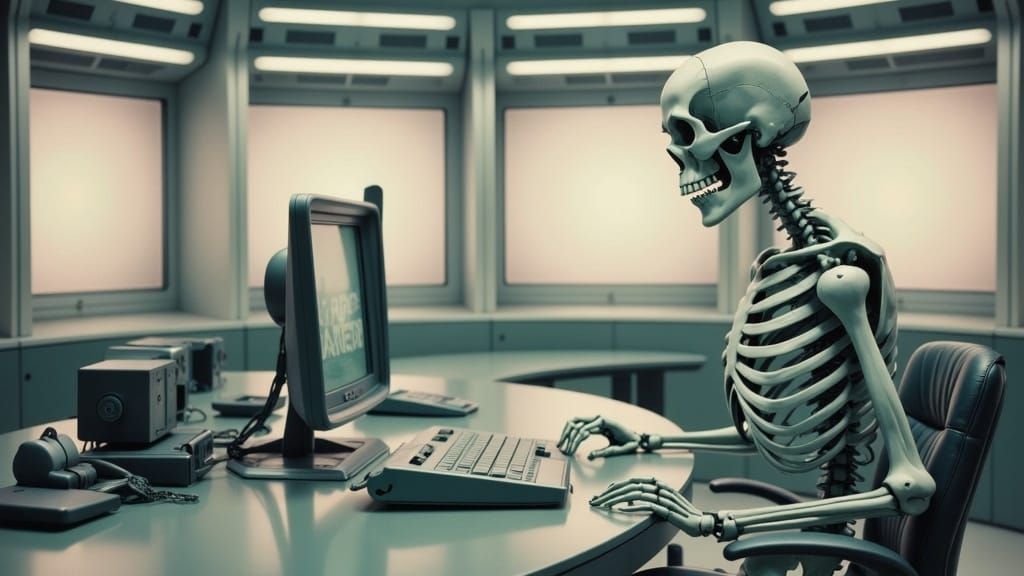 Skeleton Broadcaster in Abandoned Newsroom: Dark Fantasy