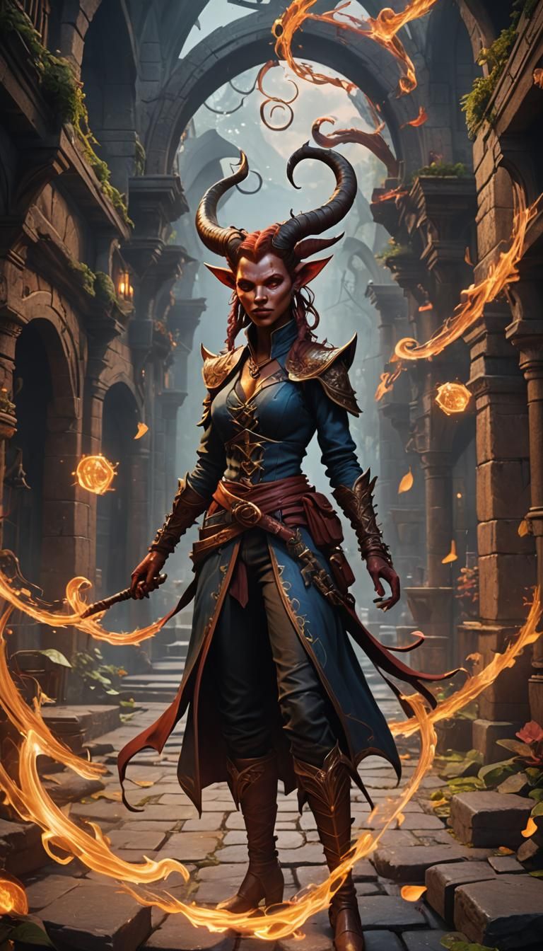 Tiefling Bard with Swirling Magic, Fantasy Art